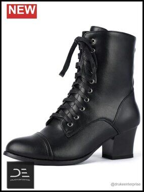 Faux Leather Victorian Ankle Boots Lace Up Side Zipper Block Heel